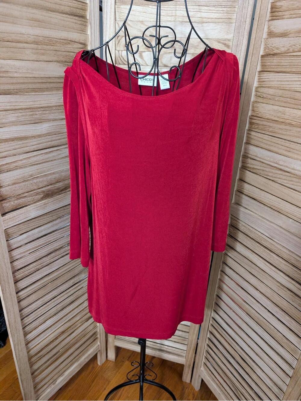 Chicos Travelers 3 XLarge 16-18 Red Ruched Side Scoop Neck 3/4 Sleeve Blouse Top
